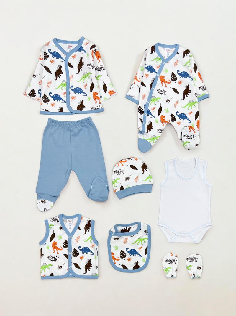 8-piece dinosaur baby clothing set for newborn boys 0–3 months in cotton

