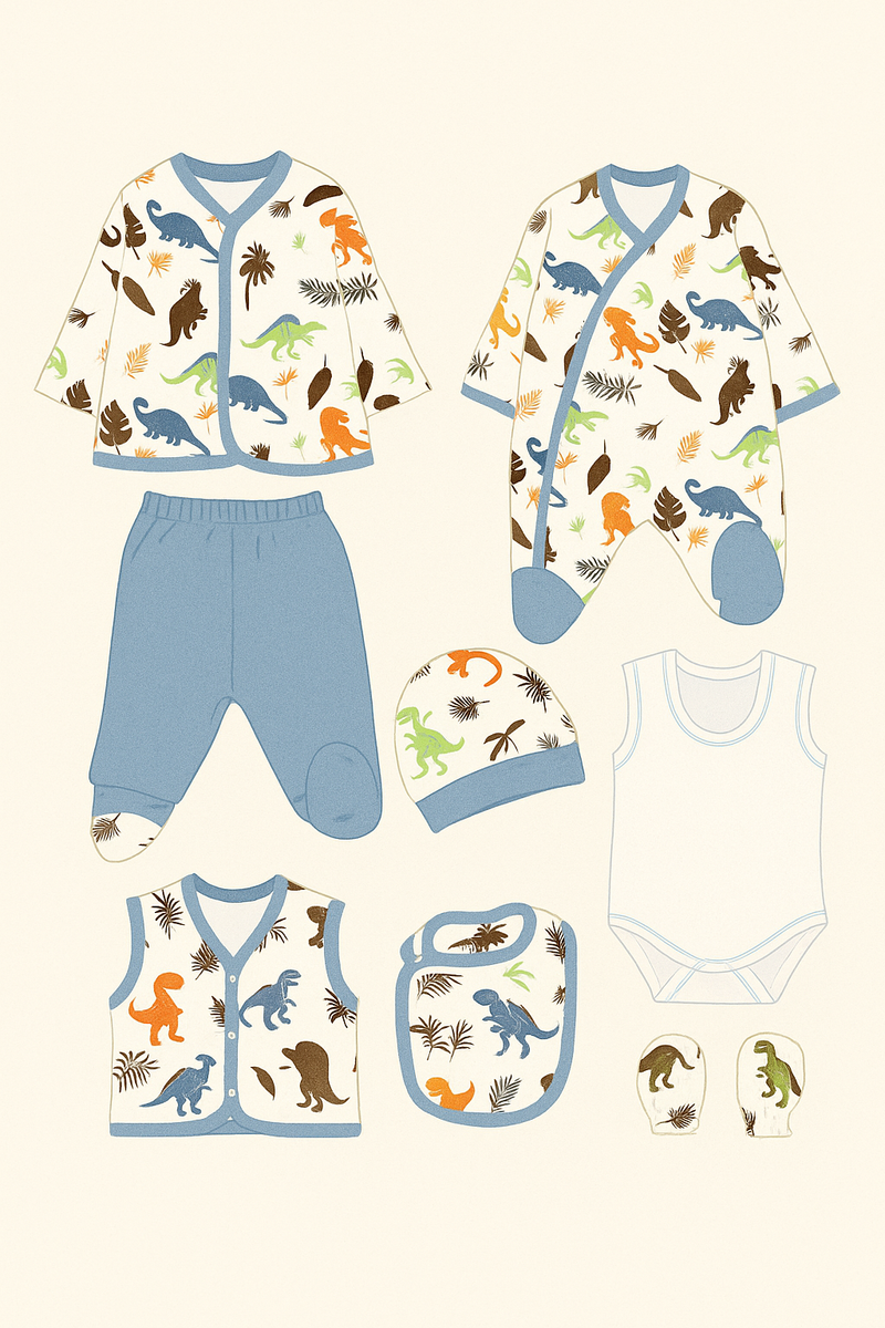 8-piece dinosaur baby clothing set for newborn boys 0–3 months in cotton

