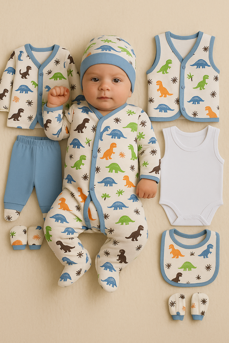 8-piece dinosaur baby clothing set for newborn boys 0–3 months in cotton

