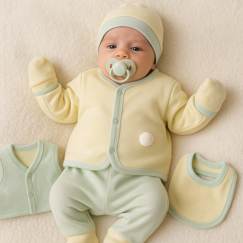 8-piece neutral cotton baby clothing set for newborns – 0 to 3 months – Made in Turkey

