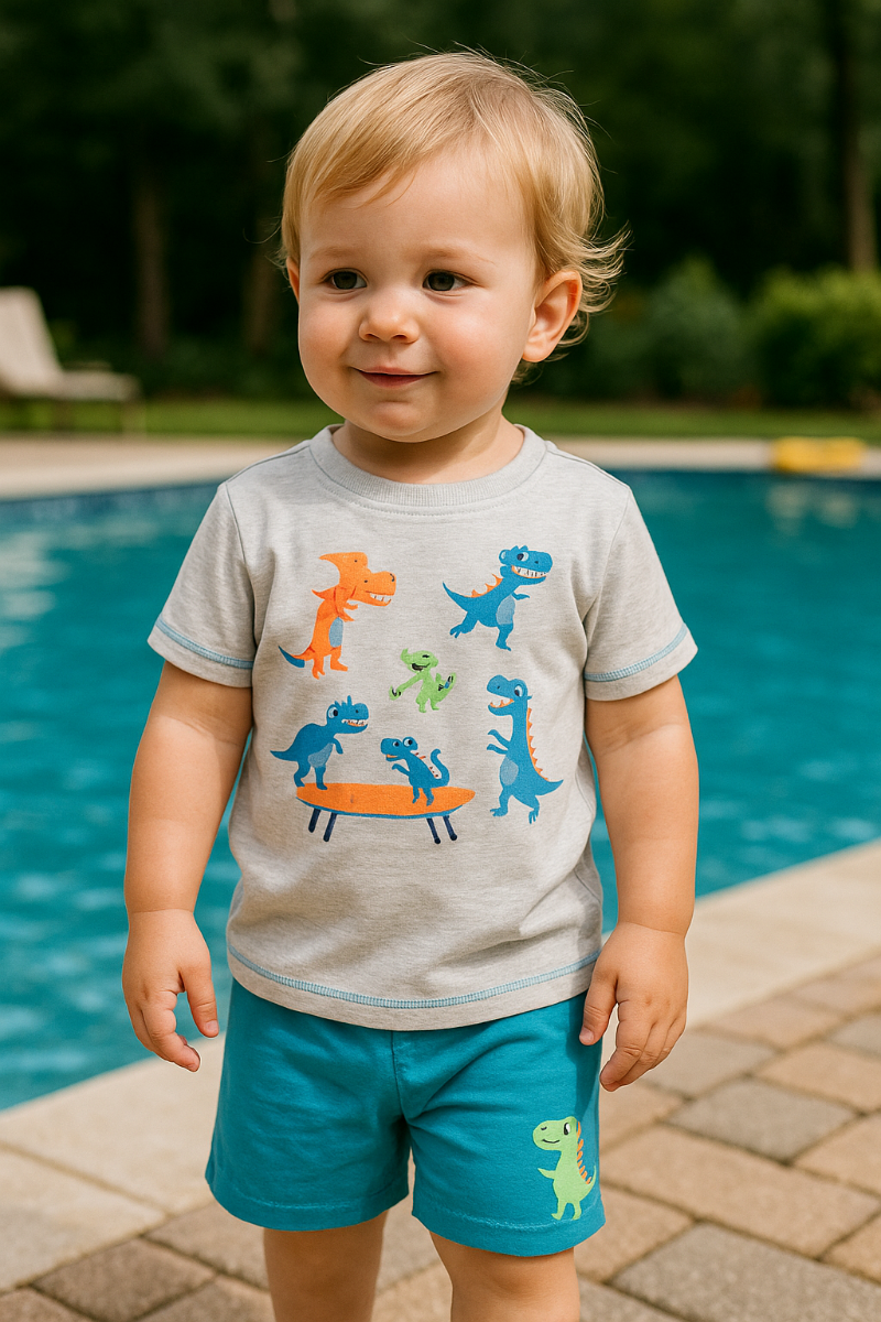 Boys dinosaur print summer outfit – top and shorts set – 100% cotton – toddler boy clothes – made in Turkey

