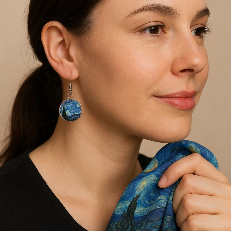 Van Gogh Inspired Art Earrings | Glass Cabochon & Zinc Alloy