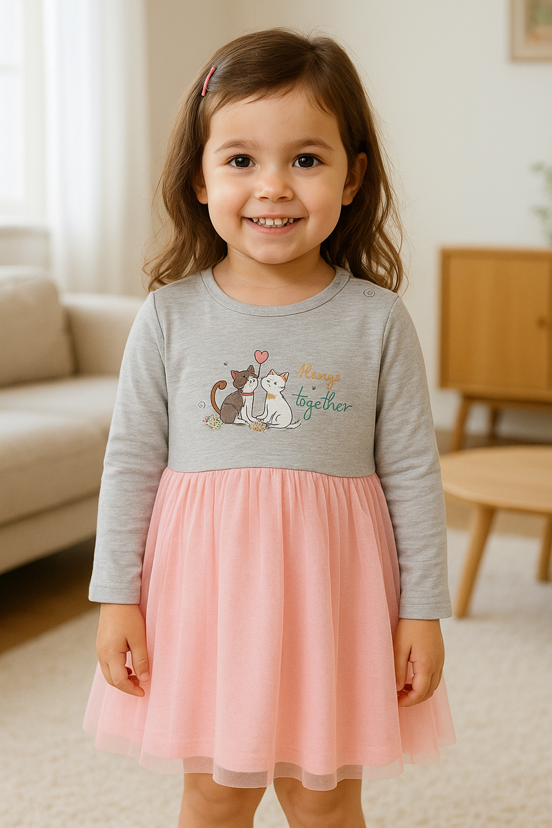 Girls Cotton Dress with Cats Print