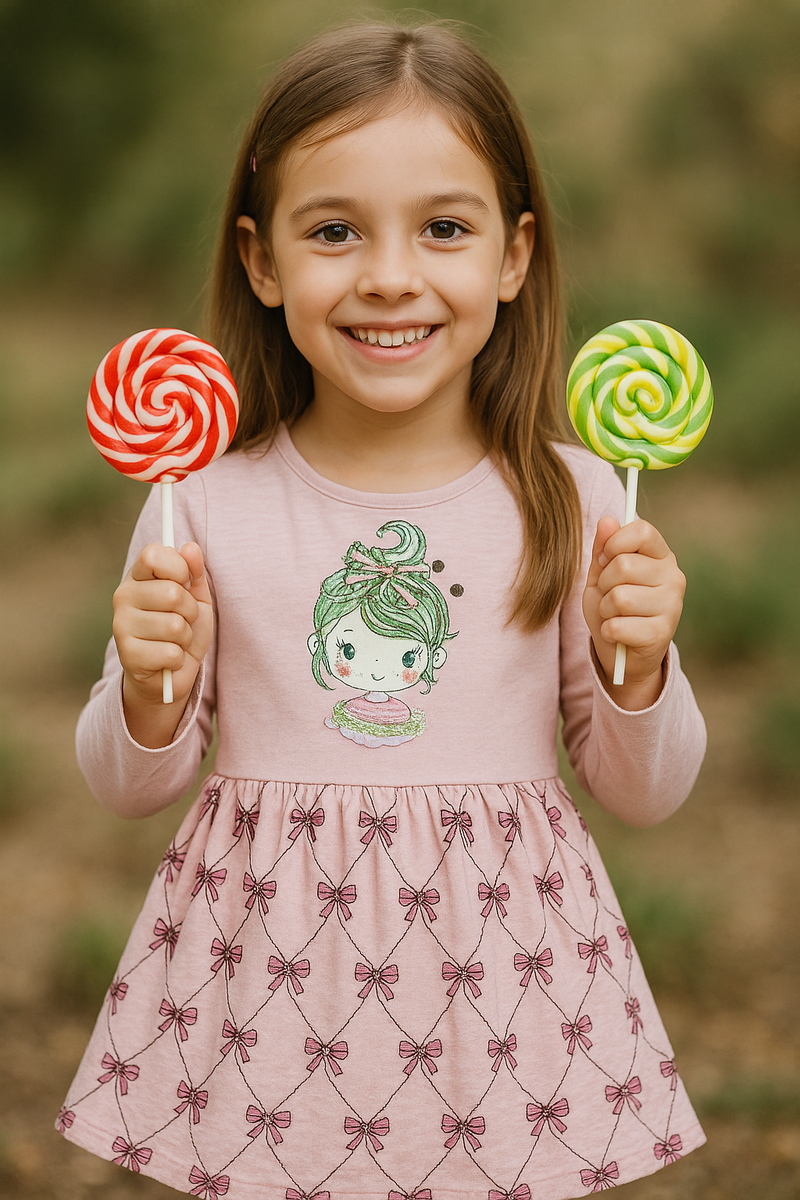 Girls dress with quirky girl print – cotton blend – sizes 3 to 7 years – made in Turkey

