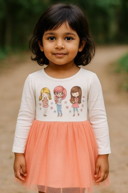 Girls Cotton Dress with 3 Girl Print
