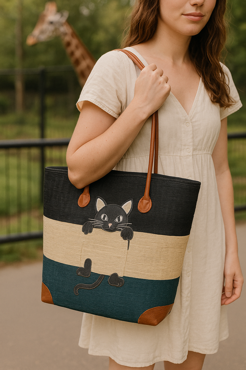 Big Handmade Fair Trade Basket – Dark Blue Cat Design

