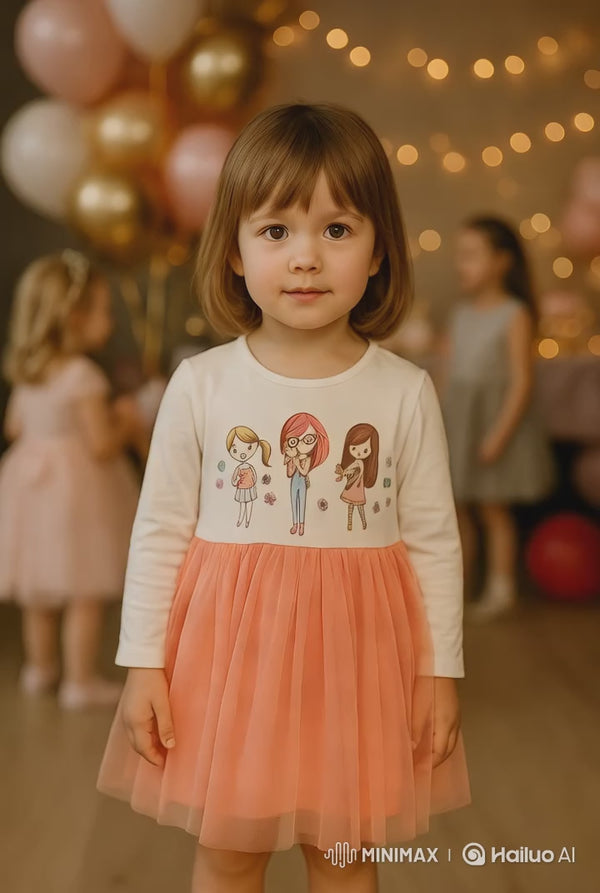 Girls Cotton Dress with 3 Girl Print